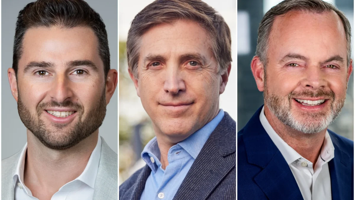 Three side-by-side headshots of smiling men in collared shirts and jackets.