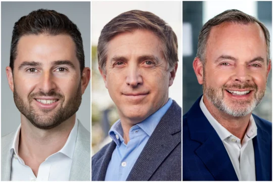 Three side-by-side headshots of smiling men in collared shirts and jackets.