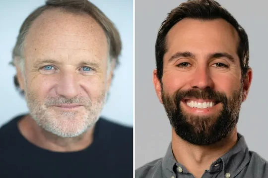 Two side-by-side headshots of smiling men against light backgrounds.