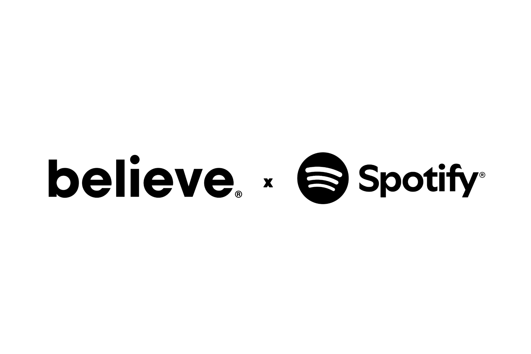 Black Believe and Spotify logos separated by an X on a white background.