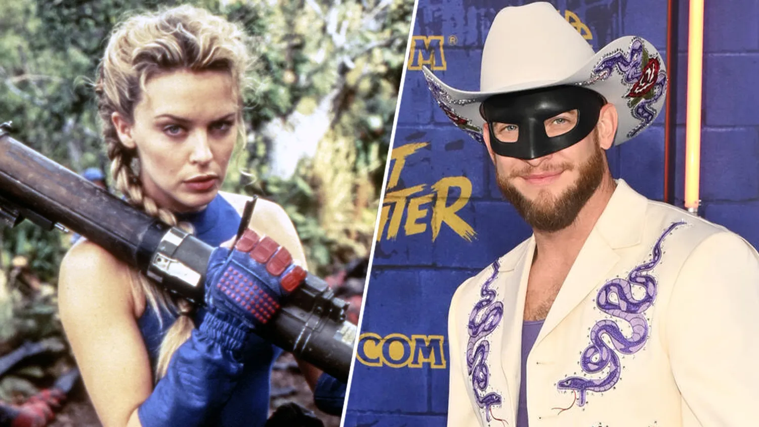 Split image showing a blonde woman holding a large weapon and a masked person in a white cowboy hat.
