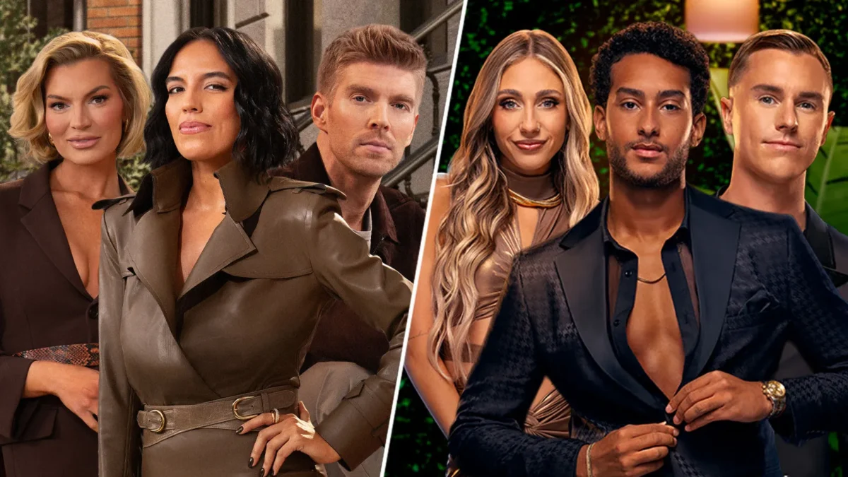 Six well-dressed adults pose in a split portrait with three on each side against indoor and greenery backdrops.