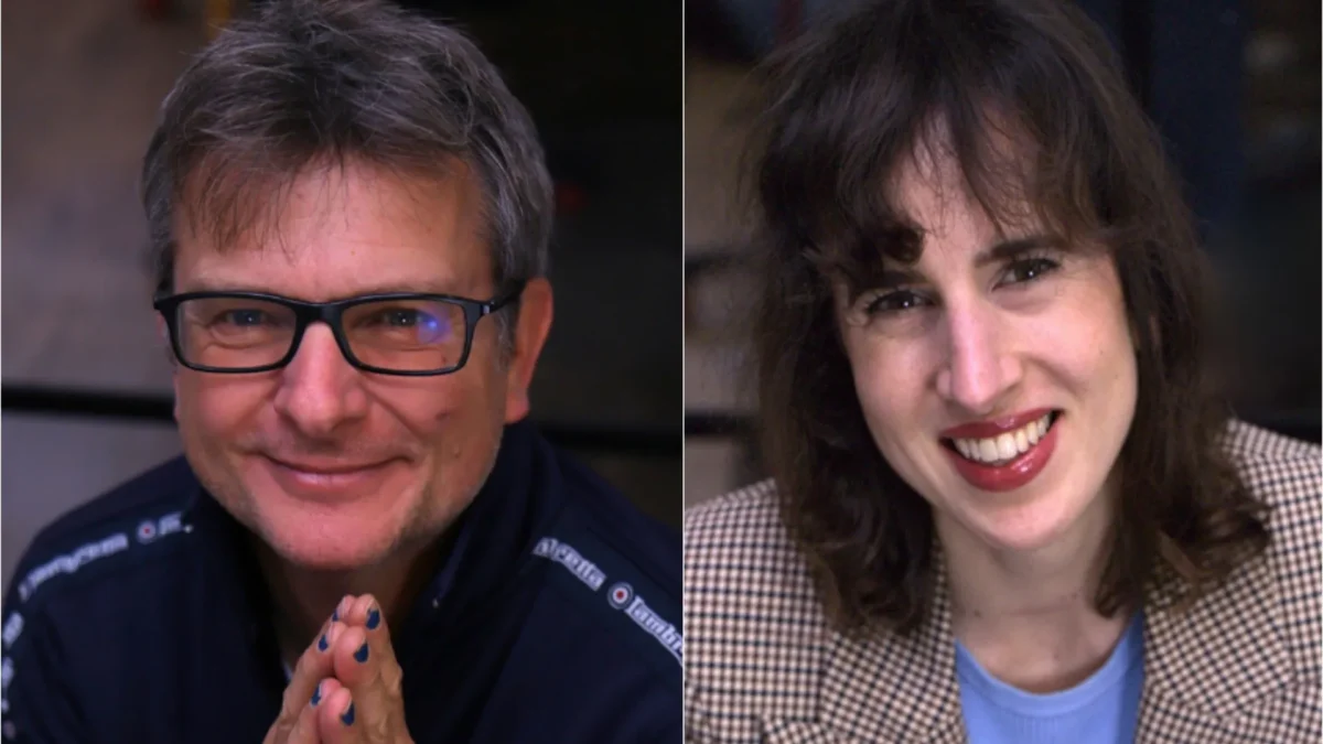 Side-by-side portraits of two smiling people, one wearing glasses and one in a checkered blazer.