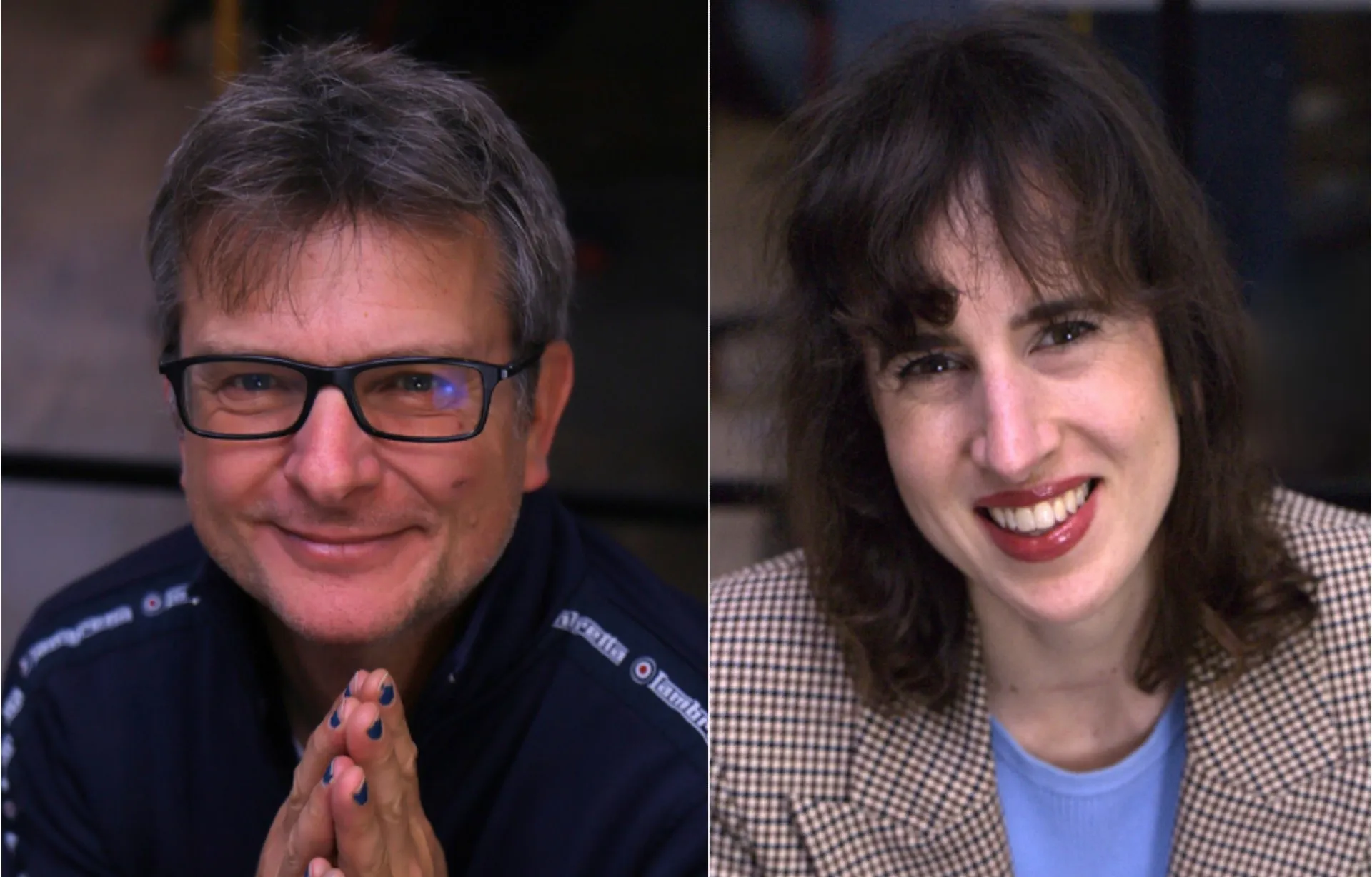 Side-by-side portraits of two smiling people, one wearing glasses and one in a checkered blazer.