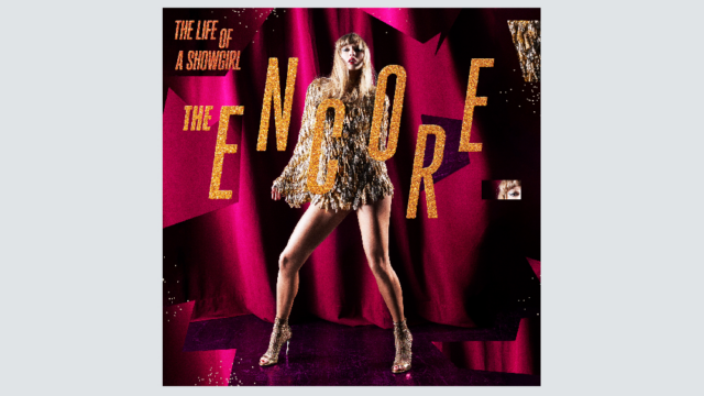 A blonde woman in a gold fringed outfit poses before red curtains and large glittering “The Encore” text.
