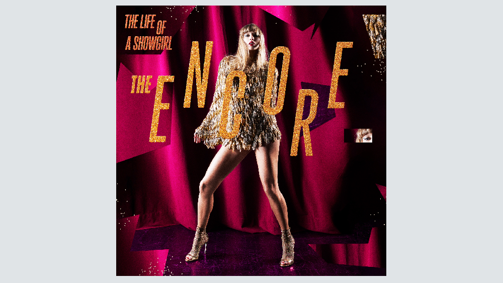 A blonde woman in a gold fringed outfit poses before red curtains and large glittering “The Encore” text.