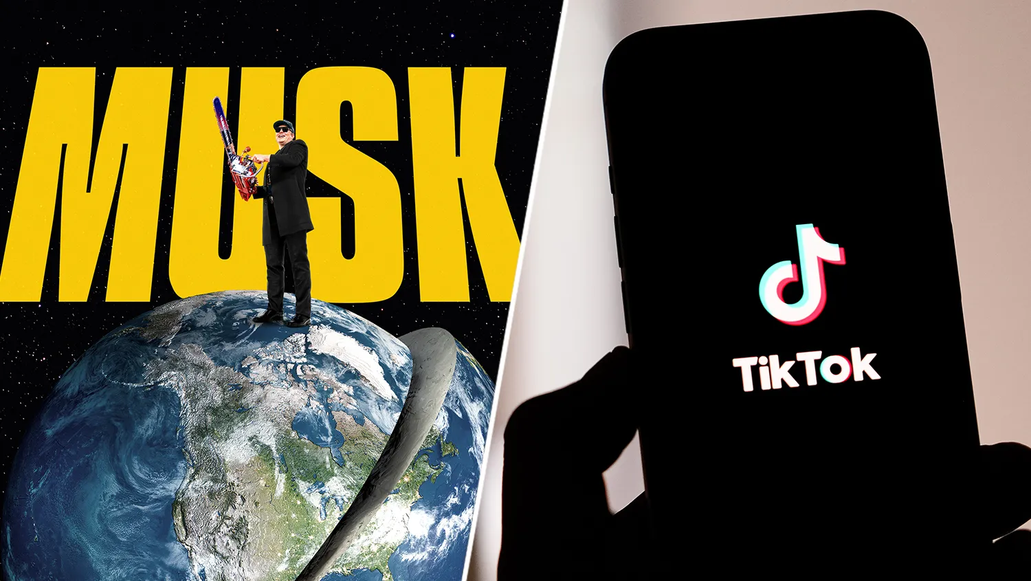 A split graphic shows a “MUSK” space poster beside a silhouetted hand holding a phone with the TikTok logo.
