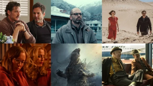 Six-panel collage showing people in varied settings and a roaring giant monster amid smoke.