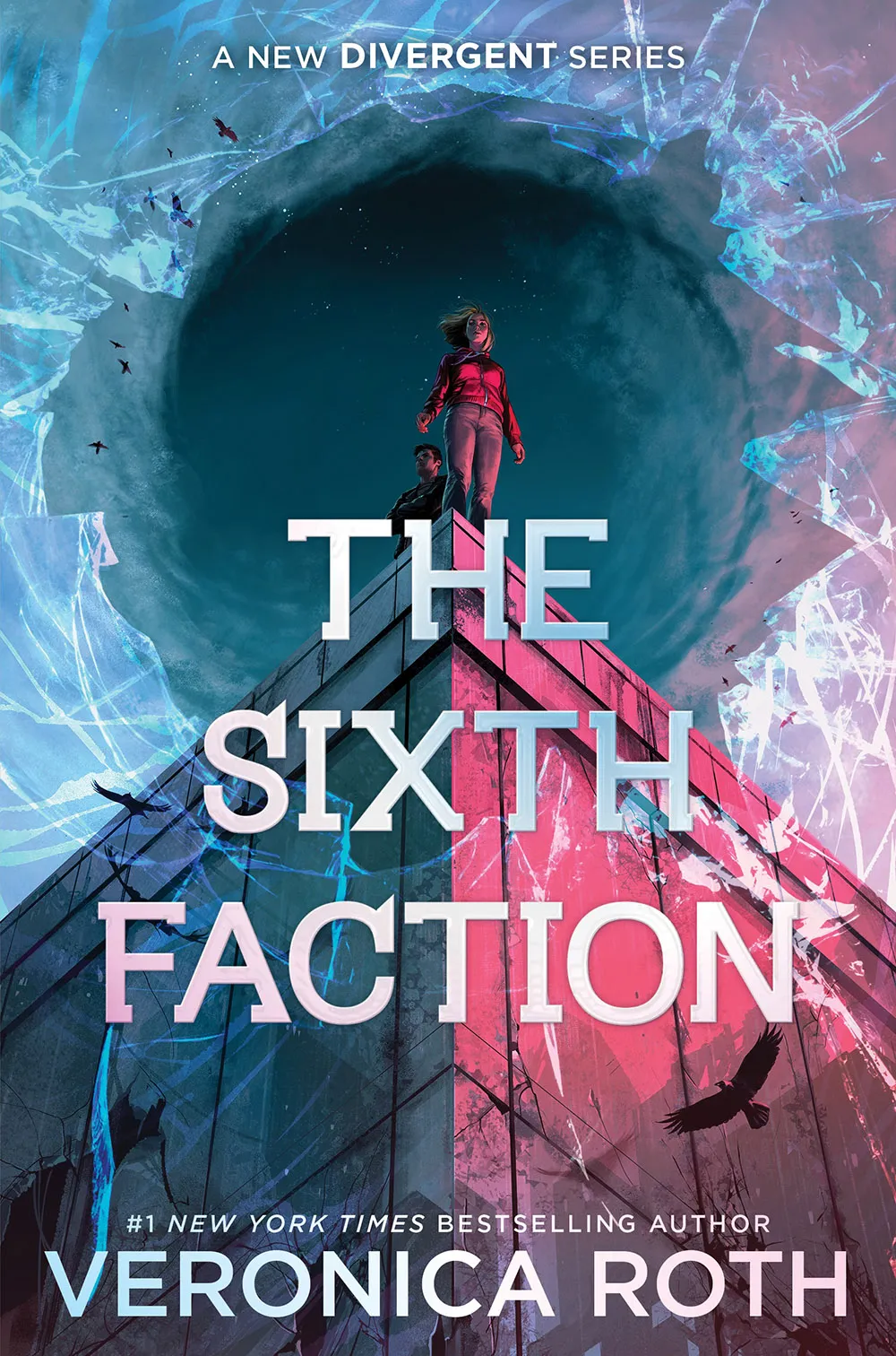 Book cover for The Sixth Faction shows two figures atop a glass building beneath a dark swirling sky.