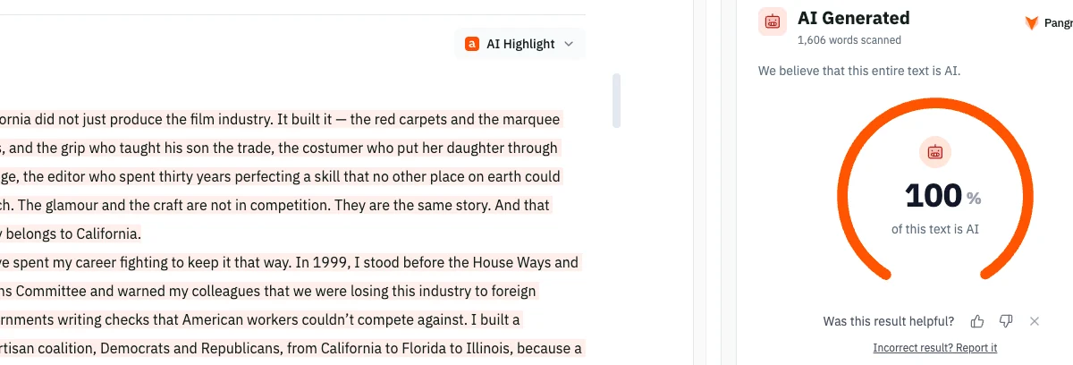Highlighted article text appears beside an AI detection panel showing a 100% AI-generated result.