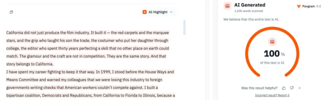Highlighted article text appears beside an AI detection panel showing a 100% AI-generated result.