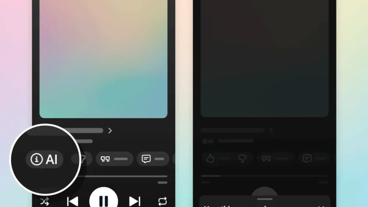 Two dark music player screens show an AI label highlighted and a “How this was made” disclosure panel.