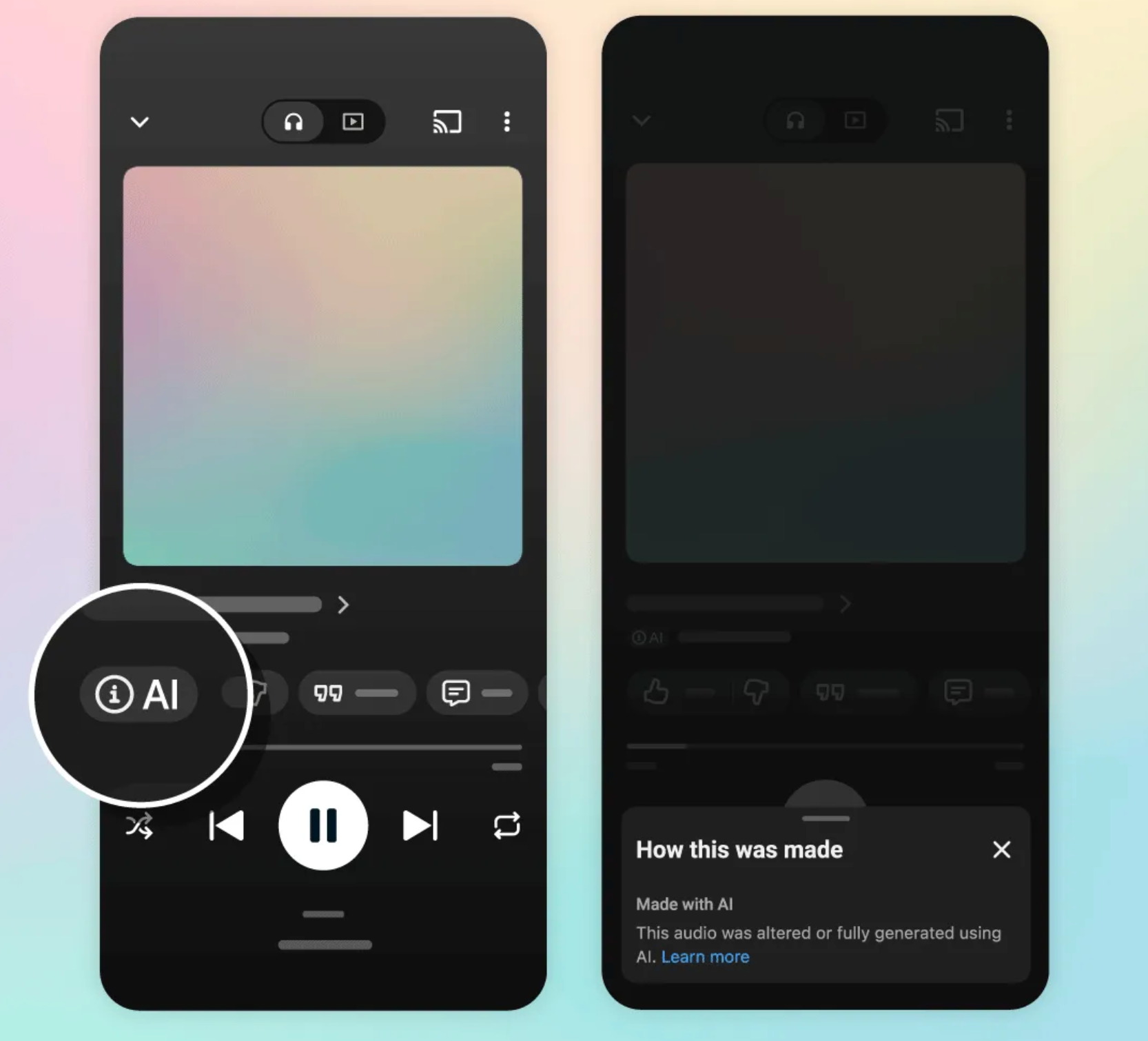 Two dark music player screens show an AI label highlighted and a “How this was made” disclosure panel.